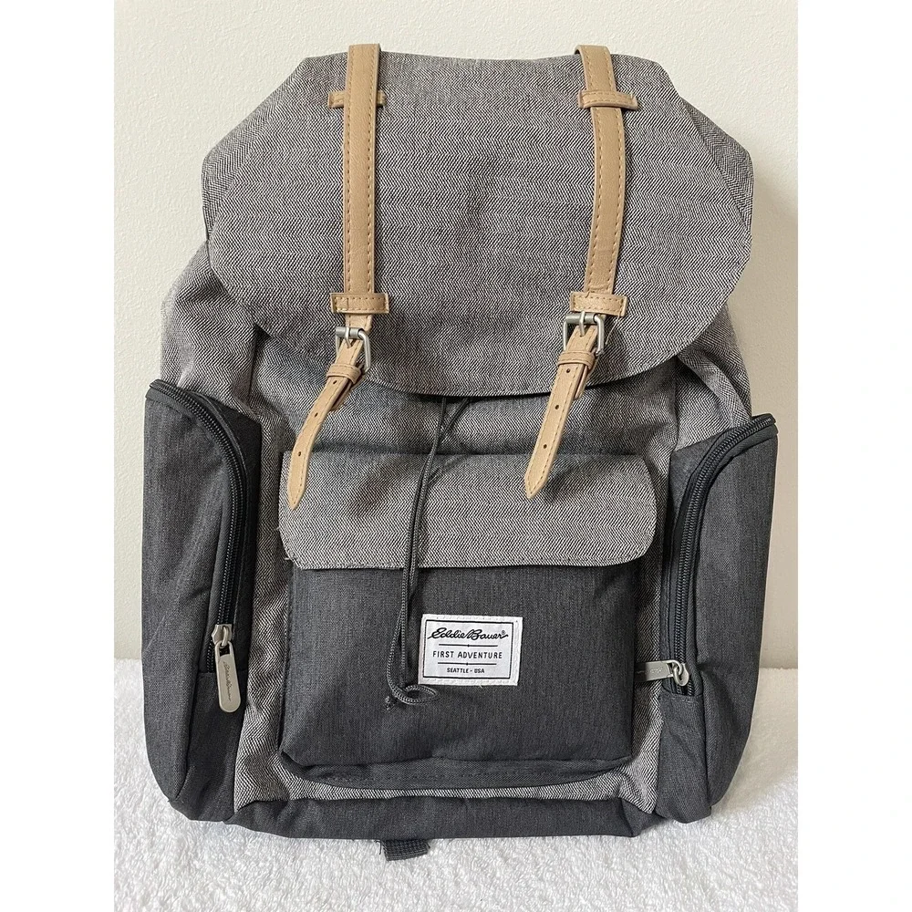 Eddie Bauer First Adventure Diaper Bag Backpack Unisex Grey Herringbone Large
